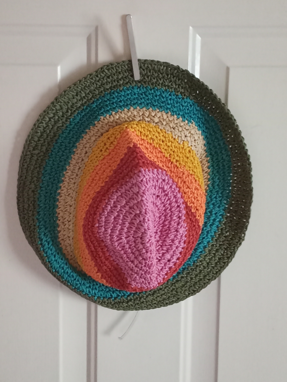 On 34th Colorblocked Crochet Sun Hat in Pink, Orange, Yellow, Teal & Olive